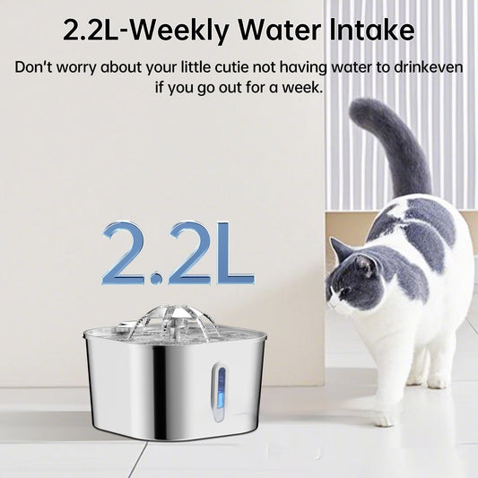 AquaBuddy 2.2L Stainless Steel Pet Cat Water Fountain Dogs And Cats Water Feeder